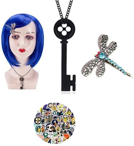 Generic XHBTS Parrucca blu coralina blu Bob parrucche coraline libellula clip adesivi set di accessori per gioielli di Halloween