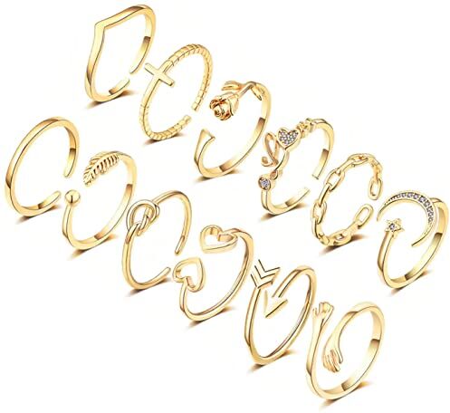 FUNEIA 12 Pezzi Set Anelli Donna Anello Donna Regolabile Argento/Oro/Oro Rosa Placcato oro 14K Nodo Aperto Stella Luna Farfalla Set di Anelli da Pollice per Ragazze Adolescenti