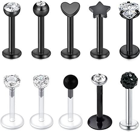 VFUN 16G Piercing Labbro Labret Stud Barra 8MM Acciaio inossidabile Piercing Orecchio Trago Diamond CZ Cuore Medusa Piercing Forward Helix Piercing per Donna 10 Pezzi Piercing Labbro Nero