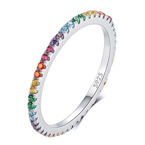 Qings Anello Eternità Arcobaleno in Argento Sterling 925, Anello Impilabile Colorato Zirconi Cubici Fedi Nuziali Anelli di fidanzamento, Anniversario Regalo di Compleanno per Donne Ragazze