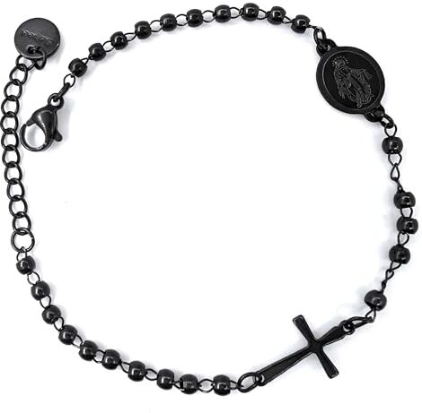 Generico Bracciale Rosario Nero in Acciaio da Uomo Donna con Croce e Medaglietta Madonnina Braccialetto Unisex (Nero)