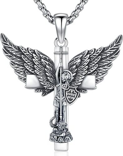 Friggem Collana San Michele, Ciondolo Croce Arcangelo Michele in Argento Sterling 925 e Collana Ciondolo Uomo, Gioielli Amuleto Regali per uomo donna