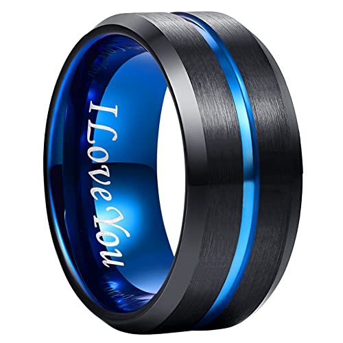 NUNCAD 10mm Nero + Blu Anello di Fidanzamento in Tungsteno con Scanalatura Centrale Blu per Uomo Donna Promessa Nuziale Matrimonio Regalo Taglia 15.75
