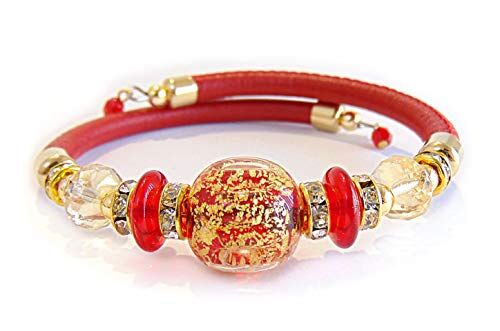 VENEZIA CLASSICA Bracciale da Donna con perle in Vetro di Murano Originale e vera pelle Toscana, Collezione Diana, con foglia in oro 24kt, Made in Italy certificato (Rosso)