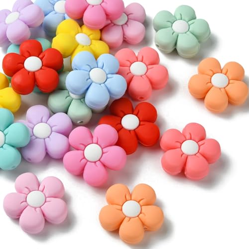 Ipotkitt 20 perline focali in silicone a forma di fiore, 10 colori, colorate, a molla, perline in silicone, perline distanziali per fai da te, portachiavi, collane, bracciali e gioielli