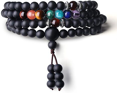 COAI Bracciale Collana 108 Perle Mala in Onice Opaca e Pietre Chakra, Bracciale Buddhista Unisex