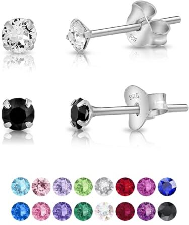 DTPsilver ® Set da 2 Paia Orecchini Punto Luce Argento 925 con Cristalli Swarovski® Elements Orecchini Lobo Donna Orecchini Piccoli con Brillantini 2 mm Colori: Diamante e Nero