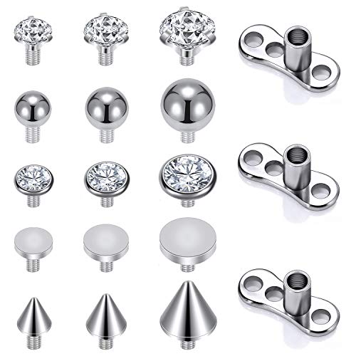 ZS 14G Acciaio Chirurgico Filettato Internamente Dermal Anchor Base Microdermals Piercing per Uomo/Donna, 14/15PCS CZ Dermal Anchor Tops 2.5mm 3mm 4mm Microdermal Piercing Kit (A)