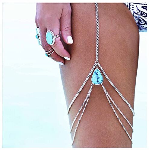 Dervivea Stratificato Turchese Gamba Catena Boemia Argento Coscia Catena Spiaggia Goccia Corpo Catena Gamba Catena Bikini Imbracatura Corpo Coscia Gioielli Per Le Donne E Ragazza