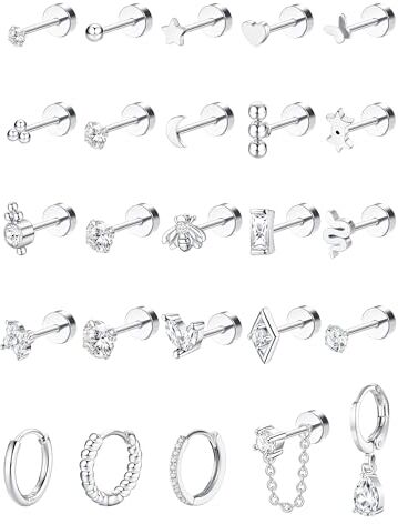 FIOROYAL 25Pezzi Orecchini Acciaio Chirurgico Orecchini Verdi Orecchini Cerchio Piccoli Piercing Orecchio Zircone Serpente Orecchini Donna Set Argento