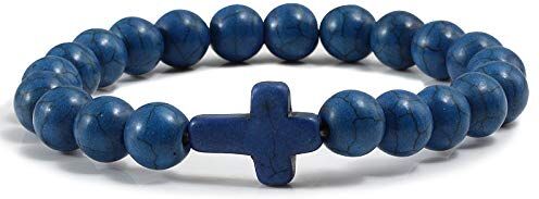 GROPC Bracciali Da In Pietre Naturali,Braccialetto Con Croce Bohémien Braccialetto Con Perline Turchesi Naturali 8Mm Braccialetti Per Uomo Donna Yoga,Braccialetto Fortunato/Con Confezione Regalo,Blu Navy