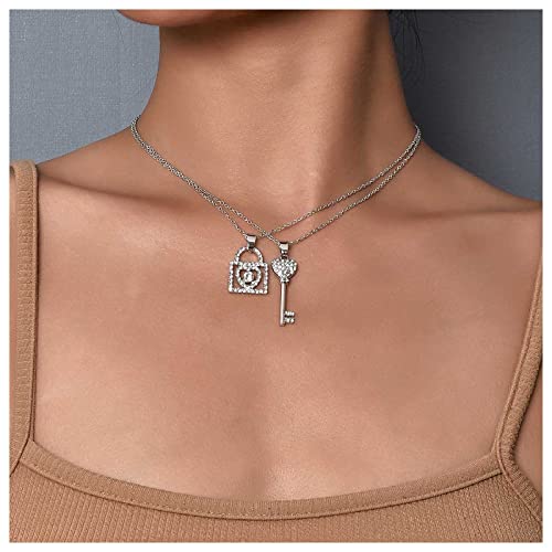 Inilbran Boho Crystal Key Lock Collana girocollo Collana con lucchetto con strass a strati Girocollo Collana con chiave in cristallo Cz scintillante Collana con ciondolo chiave con lucchetto