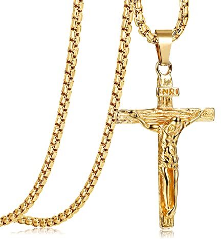 JeweBella Collana Croce Uomo Acciaio Inossidabile Gesù Crocifisso Pendente Collana con Catena Veneziana 61CM Argento/Oro/Nero Religioso Regalo Gioielli (Oro)