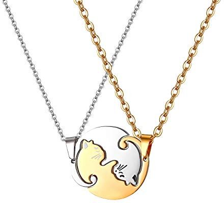 JewelryWe Gioielli 2 Pezzi Collana Uomo Donna Coppia Fidanzati Amicizia Ciondolo Gatto in Acciaio Inossidabile DIY, Regalo San Valentino Natale, Yin And Yang, Taichi Matching, Black And White