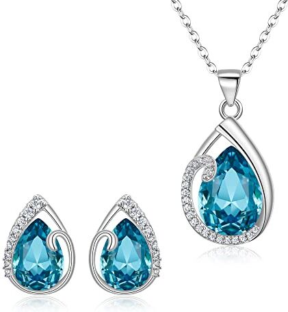 Clearine Matrimonio Sposa Goccia Collana Orecchini Set Cristalli austriaci CZ Dainty Pendant Jewellery Set for Women Blu Chiaro Argento-Fondo