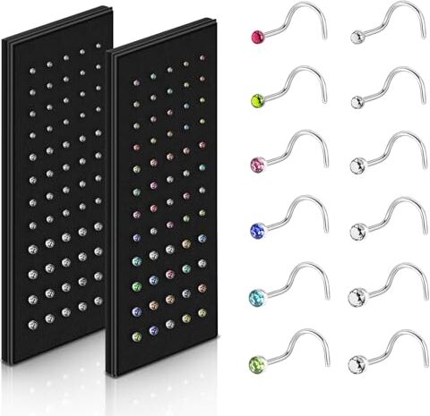 Aucuu Piercing Naso, 120 Pezzi Piercing Naso Acciaio Inossidabile 316L, Piercing Naso Brillantino per Donna Uomo, Piercing Naso Ipoallergeniche, Orecchini Naso Narice Curvo-20G 1,5/2/2,5/3mm