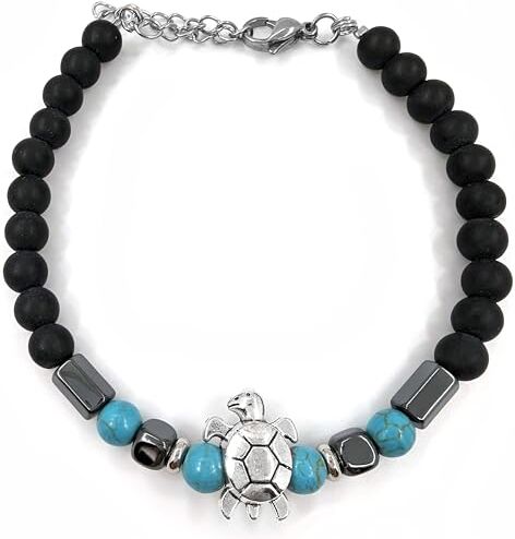 Generico Bracciale Tartaruga con Pietre Perle Regolabile, Simbolo Vita Fortuna Amicizia Blu Azzurro (Nero e Turchese)