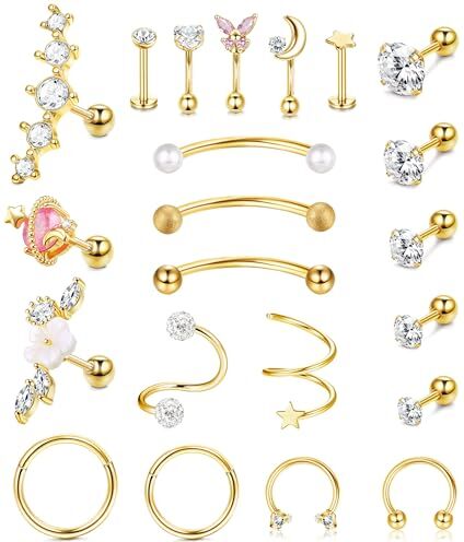 Dochais 22 Pezzi Piercing Cartilagine Helix Piercing Helix Acciaio Inossidabile Piercing Orecchio Helix Cerchio Orecchini Piercing Trago Oro Piercing Conch Orecchio per Donna 16G 18G 20G