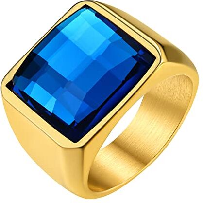 GOLDCHIC JEWELRY Anello Oro Uomo Con Zaffiro Blu, Anello Uomo Con Pietra Blu Anello con Pietra Quadrato Anello Uomo Oro Acciaio Inossidabile Anello con SigilloTaglia 17