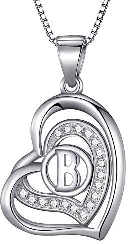 Morella Collana donna a forma di cuore lettera B con zirconi bianchi 46 cm argento 925 rodiato