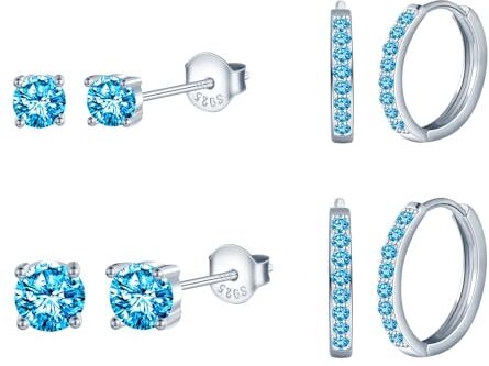 CPSLOVE Creativi Orecchini da Donna Ragazze in Argento 925 Eleganti Hoop Orecchini Cerchi di Zircone Blu e Orecchini Solitario Moda Parure Diametro 1,2cm/1cm/0,6cm/0,4cm Set di 4 Coppie