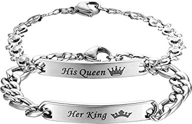 Flongo Bracciale Fidanzati Coppia per Lui Lei: 2 pezzi in Acciaio inossidabile con Scritta ¡°His queen¡±¡° Her King¡± Corona Colore Argento Regalo San Valentino