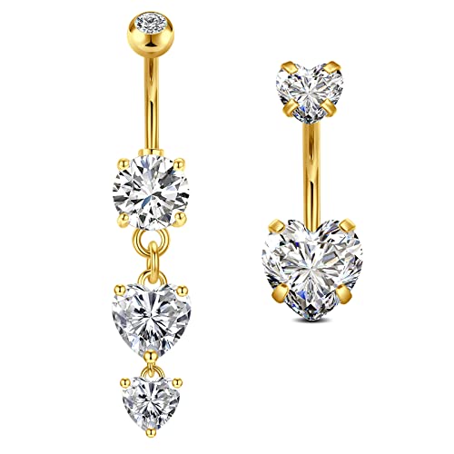 Vcmart 2pcs ombelico Piercing Oro 10 mm acciaio chirurgico ombelico Anelli con cuore diamante penzoloni Piercing Gioielli