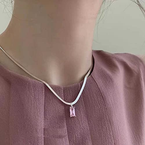 Wendalern Birthstone Collana Cristallo Rosa Rettangolo Girocollo Collana Piatta A Spina Di Pesce Catena Catena D'argento Serpente Simulato Cristallo Collana Pendente Gioielli Per Le Donne Ragazze