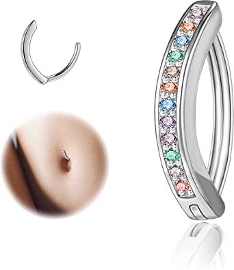 ZS Piercing da ombelico da donna, 14 g, con diamanti, in argento 925, ricurvato, per ombelico, Argento sterling Argento