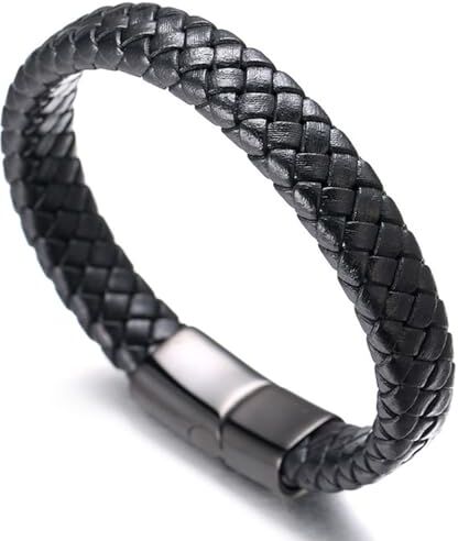 HALUKAKAH ● Solo ● Bracciale Uomo in Vera Pelle Cuoio Nero con Chiusura Magnetica in Titanio Acciaio Nero 8.46"(21.5cm) con Pacco Regalo Gratuito