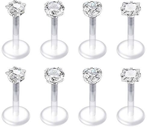 Mayhoop 8 Pz Piercing Trasparente Tragus Helix Orecchio Piercing Labbro Labret Studs Acrilico Flessibile 16G con CZ Opal Helix Tragus Cartilage Piercing per Donna Uomo 8mm