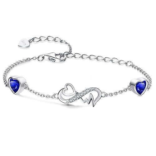 Qings Bracciale Infinito Donna Argento 925 con Saffiro Bracciali Settembre Cuore Pietre di Nascita Braccialetto Regolabile Infinity ECG, Blu Gemma Gioielli Compleanno Regalo per Mamma Donne Ragazze