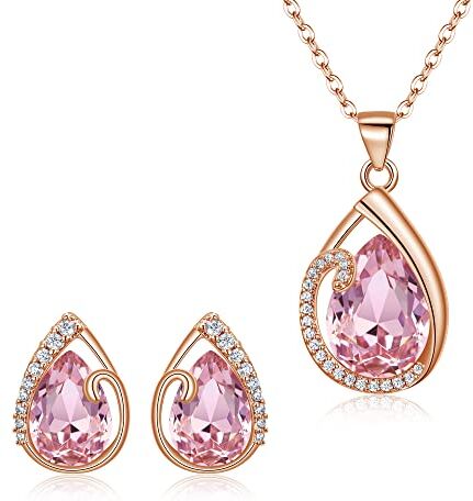 Clearine Matrimonio Sposa Goccia Collana Orecchini Set Cristalli austriaci CZ Dainty Pendant Jewellery Set per Donne Rosa Rosa Oro-fondo