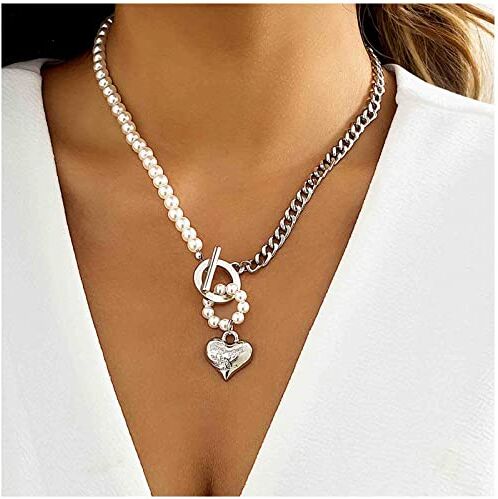 Cimenexe Collana con Ciondolo Cuore d'Amore Punk Cerchio Collana con Girocollo di Perle Collana con Girocollo a Cuore con Lettera Collana con Catena in Argento Curb Collana con Toggle Girocollo