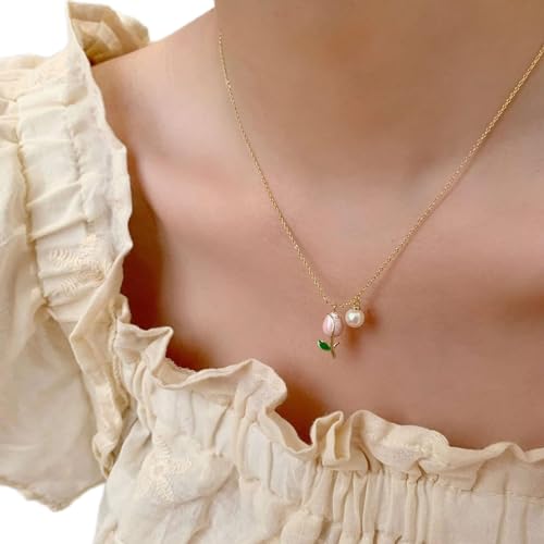 TseenYi Tulipano Fiore Collana Ciondolo Oro Rotonda Perla Ciondolo Neckalce Vintage Rosa Tulipano Fiore Neckalce Minimalista Perla Catena Collana Gioielli Per Le Donne E Le Ragazze Regali