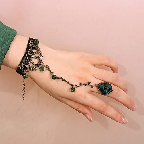 TseenYi Bracciale anello pizzo Bracciale anello pizzo nero gotico Bracciale anello pizzo nero Bracciale anello pizzo Bracciale catena frange Anello cristallo donne e ragazze Gioielli Cosplay (verde)