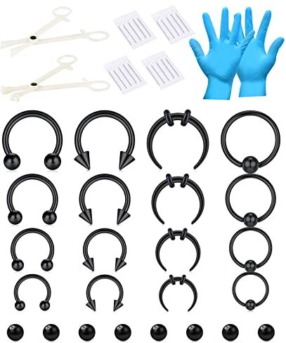 Niusiman 47 Pezzi Piercing Kit, Piercing Septum Kit Nero Ferro di Cavallo Anello, Aghi per Piercing per Tutti Piercing 14G 16G 18G 20G, Piercing Helix Cartilagine Orecchino Kit