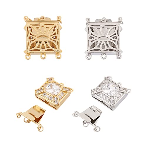 Crafans 4 set di chiusure in ottone con zirconi cubici rettangolari in platino dorato a 3 fili connettori fermagli per bracciali, collane, gioielli, componenti fai da te 25 x 21,5 x 7 mm