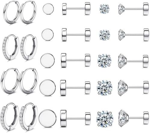 JeweBella Orecchini Acciaio Chirurgico Donna Piccoli Orecchini a Cerchio Argento Set Orecchini Opale Zirconia per Piercing Multipli Orecchini Anallergici Cartilagine Piercing Orecchio per Donna Uomo