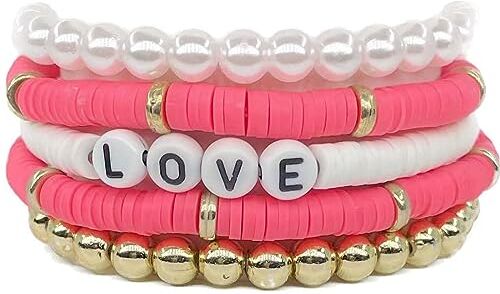 Clataly 5 Pz Colorato Morbido Ceramica Bracciali Lettera AMORE Bracciali Staccabili Elastici Perline Bracciali Gioielli per le Donne Ragazze (Rosso rosa)