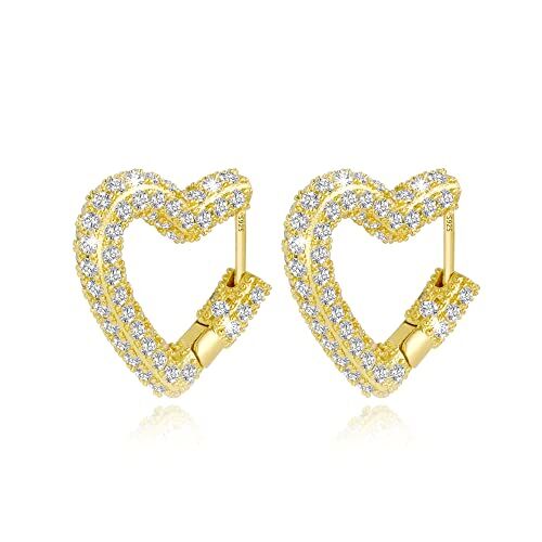 Ash orecchini cerchio, Orecchini a forma di cuore in argento Sterling 925, 14K Placcati in Oro Cristallo a Forma di Cuore per Le Donne Orecchini con Strass Geometrici Gioielli