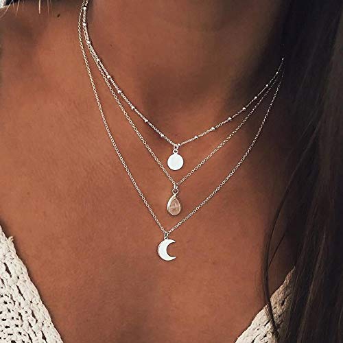 Yienate Collana girocollo a più strati con lustrini, con ciondolo a goccia d’acqua e a forma di luna, alla moda, catenina girocollo a strati, gioiello per donne e ragazze