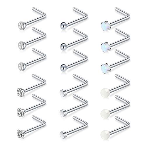 Mayhoop Piercing Naso Borchie al Naso 20G Acciaio Chirurgico a Forma di L con CZ Opale Naso Studs Donna Uomo Ragazza Piercing Gioielli 18Pieces