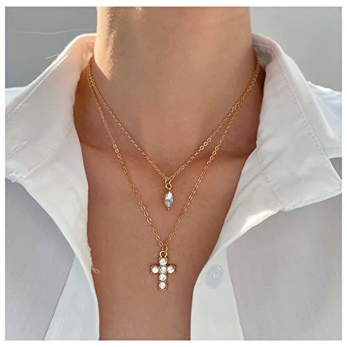 Inateannal Boho Stratificato Croce Collana Girocollo Strass Croce Ciondolo Collana Croce Di Cristallo Oro Cz Crocifisso Religioso Collana Catena Gioielli Per Le Donne E Le Ragazze