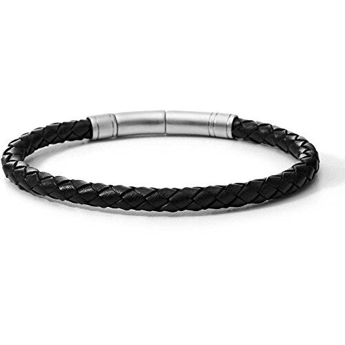 Fossil Bracciale Da Uomo, Lunghezza Totale: 20 Cm 22 Cm Nero, Bracciale In Vera Pelle Argento,