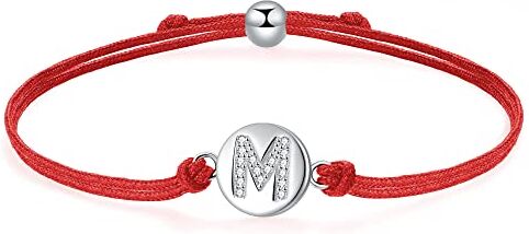 J.Endéar Bracciale Lettera M in Argento Sterling 925, Lettera Iniziale Disco con Catena in Filigrana Fatta a Mano Regolabile da 24cm, Rosso