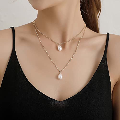 TseenYi Collana ciondolo perle Girocollo Collana gocce perle strati Collana clavicola Collana ciondolo perle gocce acqua oro Collana perle doppio strato vintage Gioielli sposa donne e ragazze