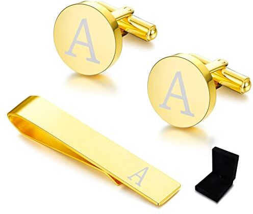 Diamday Gemelli & Fermacravatta Uomo con Iniziali Alfabeto Lettera A-Z Gemelli Fermacravatta Oro personalizzato in acciaio inox Regalo con Scatola per Matrimonio, Sposi, Marito, Padre