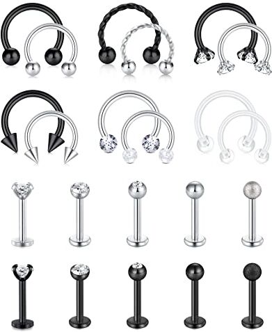 AceFun 16G 1,2 mm Cartilagine in avanti Piatto Posteriore Daith Piercing Stud Piercing Orecchini Tragus Conch Helix Hoop Anelli a Ferro di Cavallo 8mm 10mm Orecchini Barbell per Le Donne