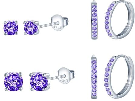 CPSLOVE Creativi Orecchini da Donna Ragazze in Argento 925 Eleganti Hoop Orecchini Cerchi di Zircone Viola e Orecchini Solitario Moda Parure Diametro 1,2cm/1cm/0,6cm/0,4cm Set di 4 Coppie